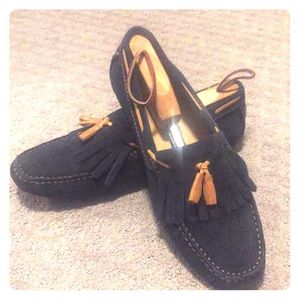 Blue suede loafers with tassel